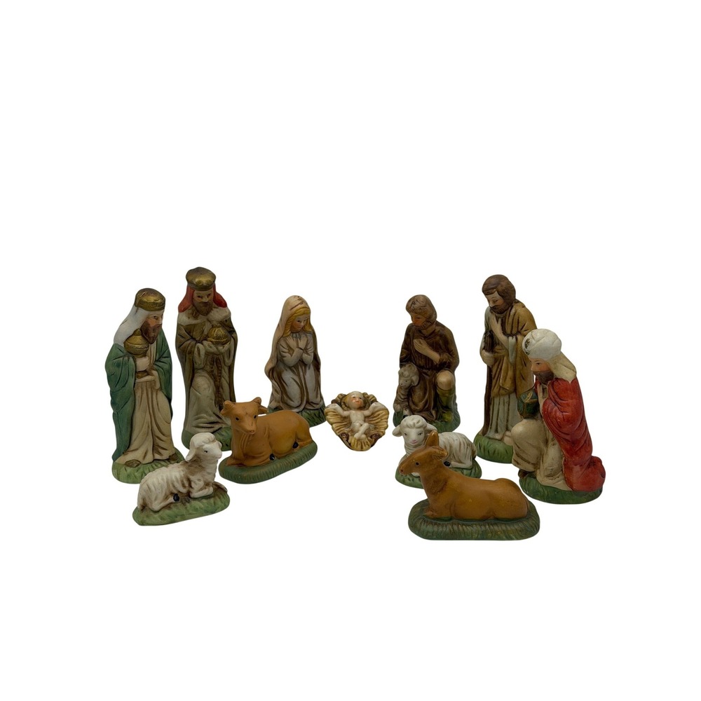 Vtg 70s 11pc Nativity Set Christmas Figurines Hand Painted Made‎ In Taiwan 5in